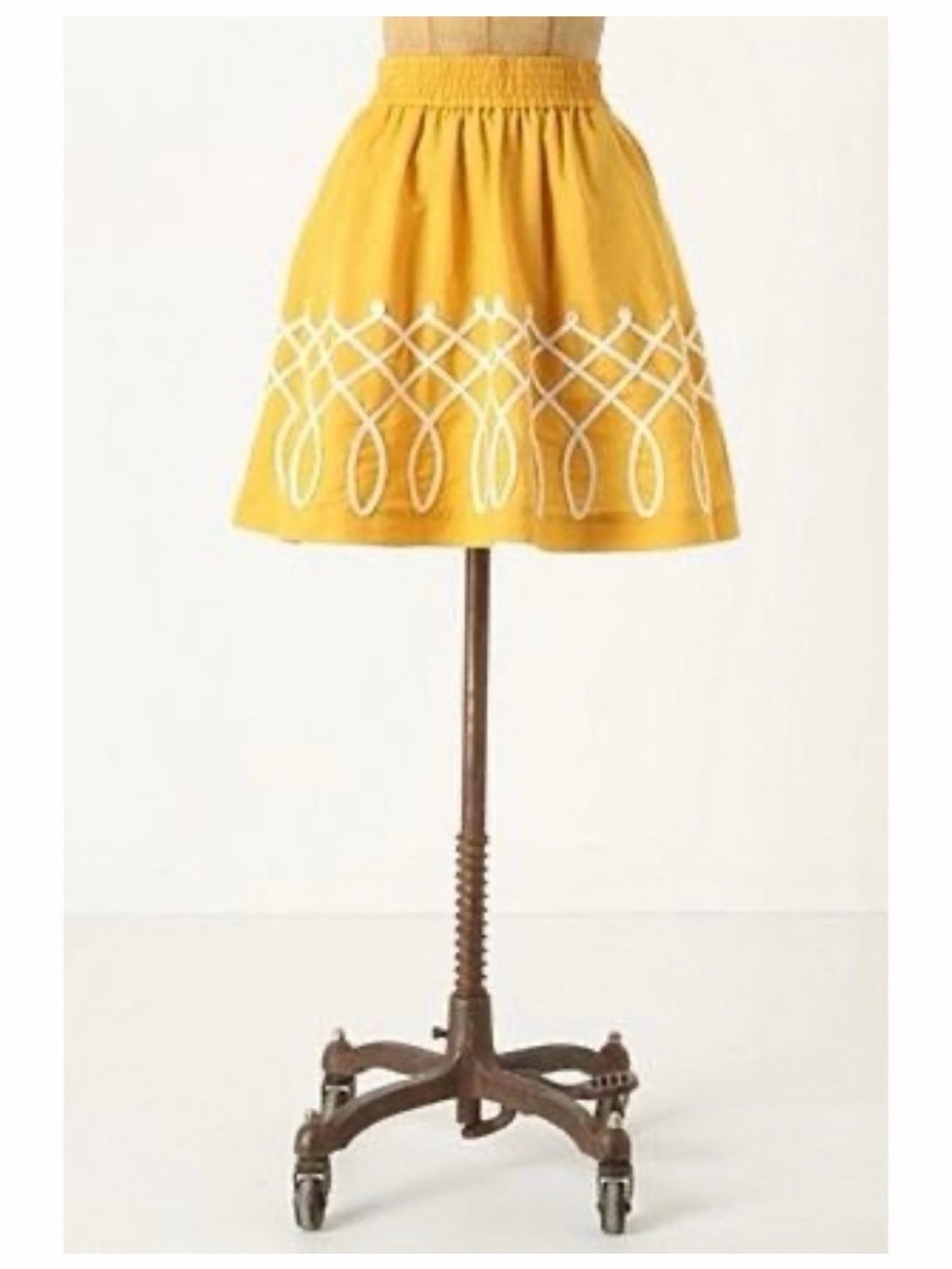 Anthropologie Yellow Mini Skirt with White Embroidered Trim